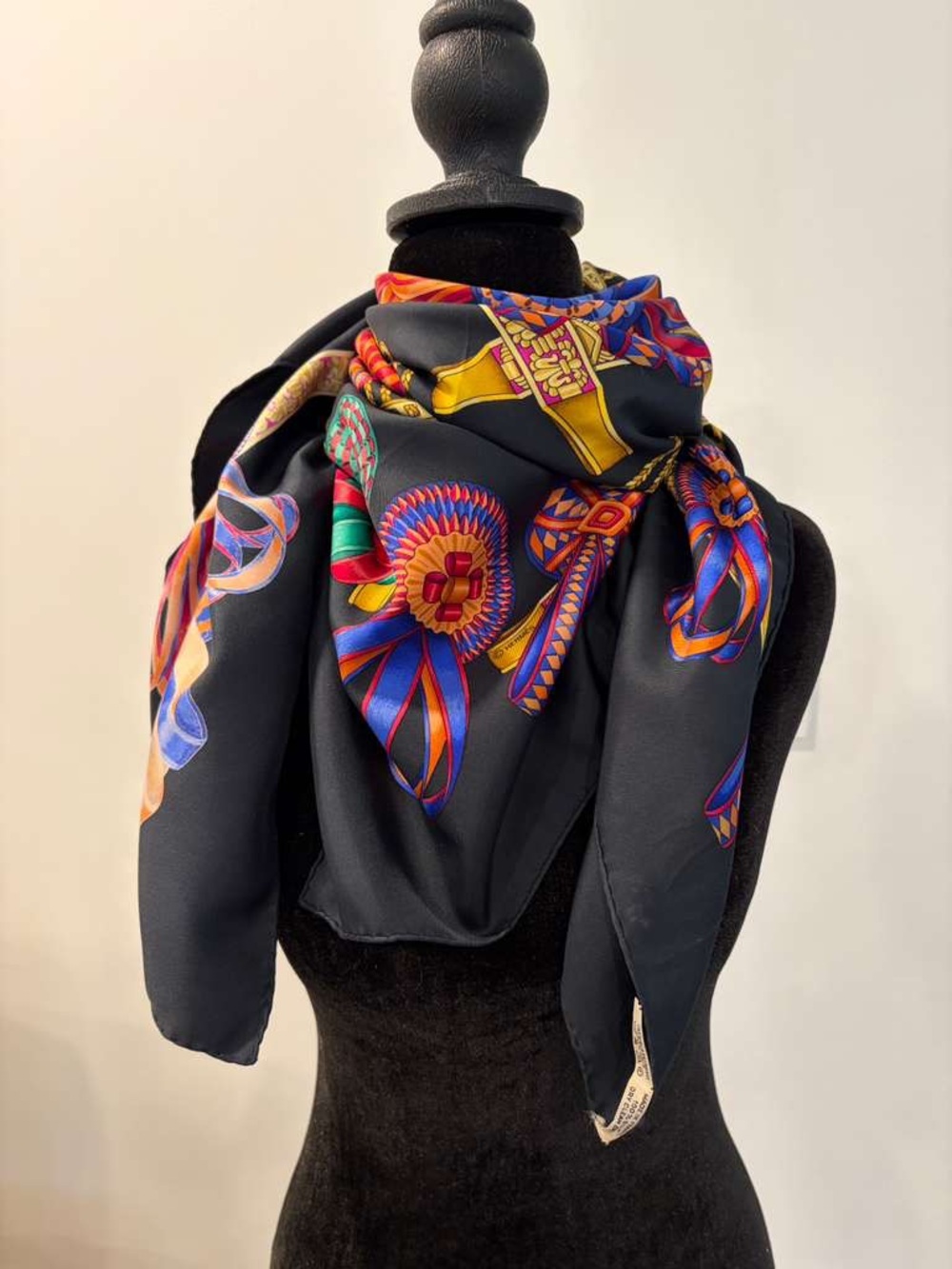 Hermes Les Rubans du Cheval Carre 90 Silk Scarf Black Multicolor Made in France - Picture 6 of 10